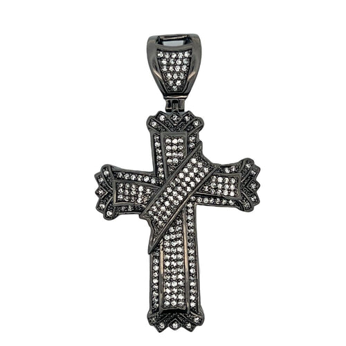 Black Thick Ribbon Cross CZ Iced Out Pendant HipHopBling