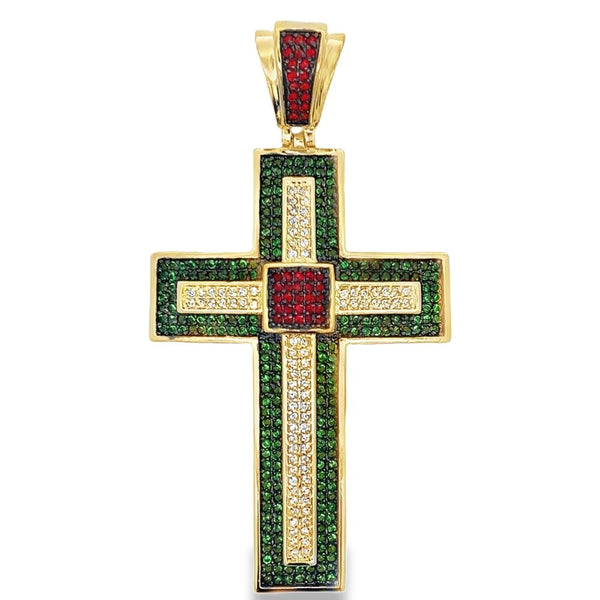 Gold Cross Striped White Green & Red CZ HipHopBling