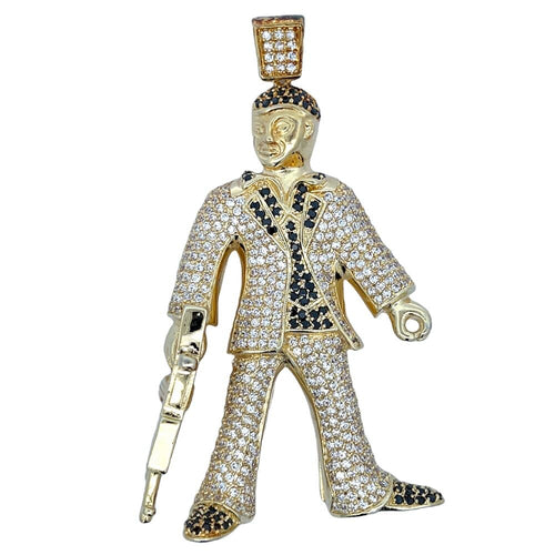 Gold Suit Guy with Gun Black & White CZ Iced Out Pendant HipHopBling