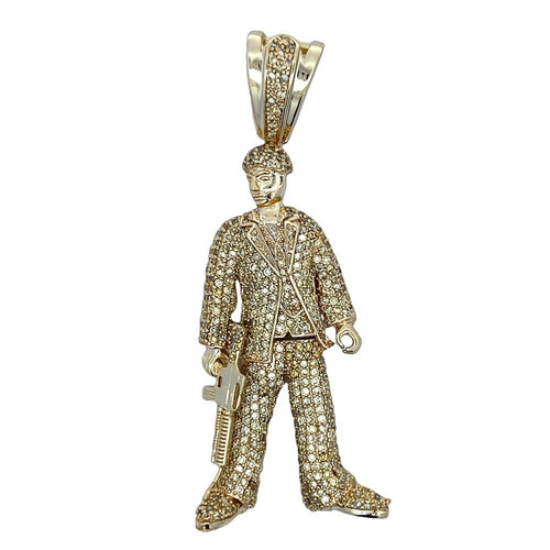 Gold Suit Guy with Gun CZ Iced Out Pendant HipHopBling