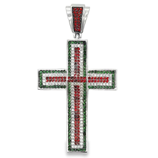 Red & Green CZ Iced Out Cross Pendant HipHopBling