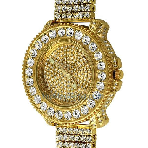 Gold Big Rocks Bling Bling Watch & 6 Row Band