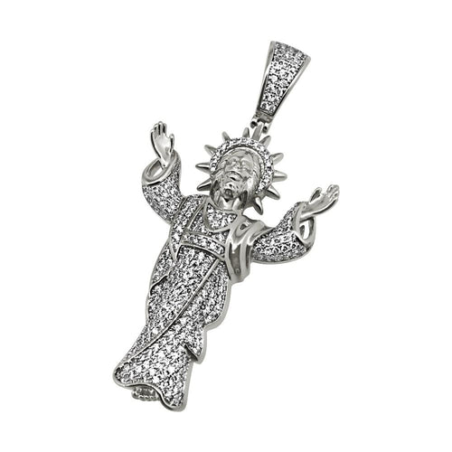 .925 Silver Rhodium Jesus Open Arms CZ Bling Bling Pendant