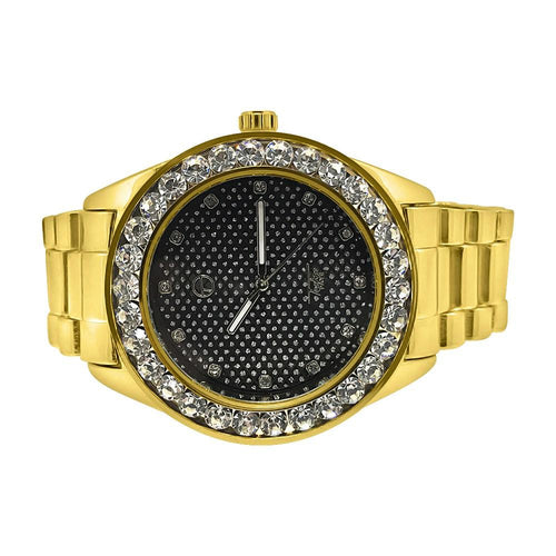 46MM Big Stones Bezel Black Dial Gold Hip Hop Watch