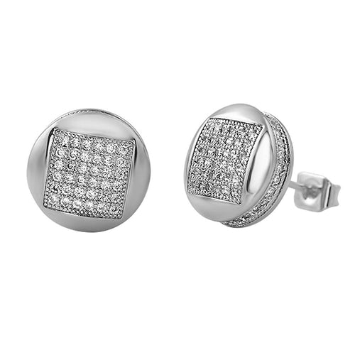 3D Square in Circle Rhodium CZ Bling Bling Earrings