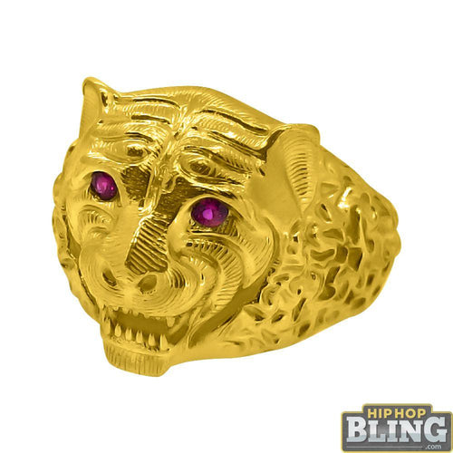 10K Yellow Gold Tiger Face Mens Ring Red CZ Eyes