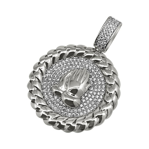 .925 Silver Prayer Hands Rhodium Cuban CZ Bling Pendant