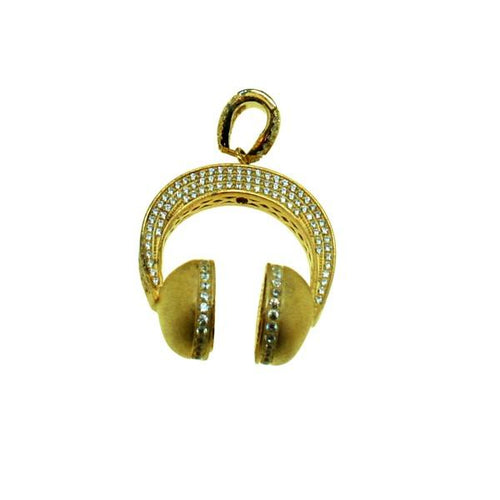 Gold Headphones Hip Hop Micro Pave 3D Pendant .925 Silver