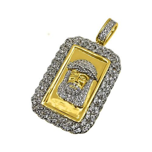 Jesus Face Gold CZ Bling Cuban Rectangle Pendant