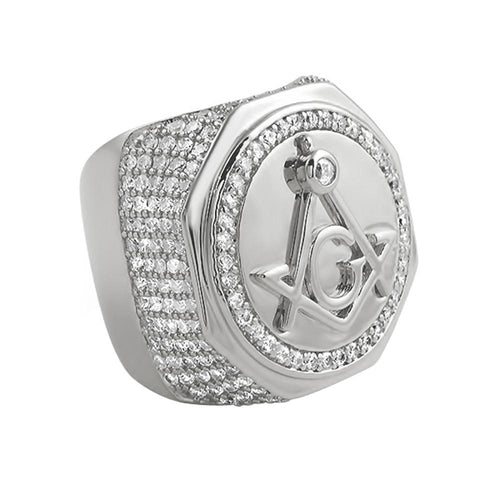 Large Masonic Rhodium CZ Mens Ring