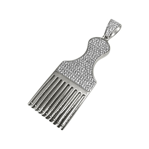 Hair Pic Barber Rhodium CZ Bling Bling Pendant