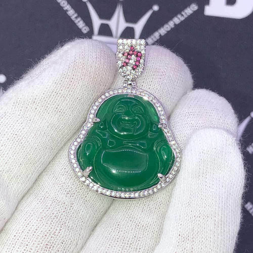 Jade Lucky Buddha CZ Pendant Rhodium