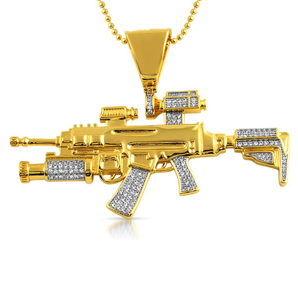 Gold CZ Military Machine Gun Bling Bling Pendant