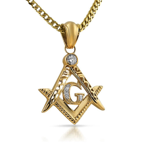 Gold Masonic Symbol Free Mason CZ Stainless Steel Pendant