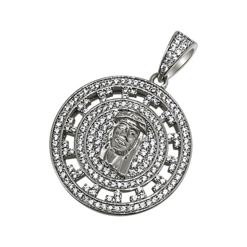 Jesus Greek Pattern Rhodium CZ Circle Pendant