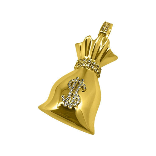 Money Bag Sack Gold CZ Bling Bling Pendant