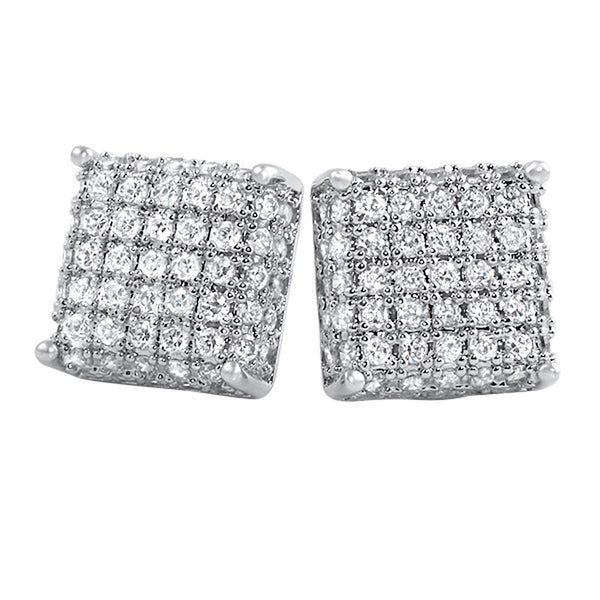 3D Square Rhodium CZ Bling Bling Earrings