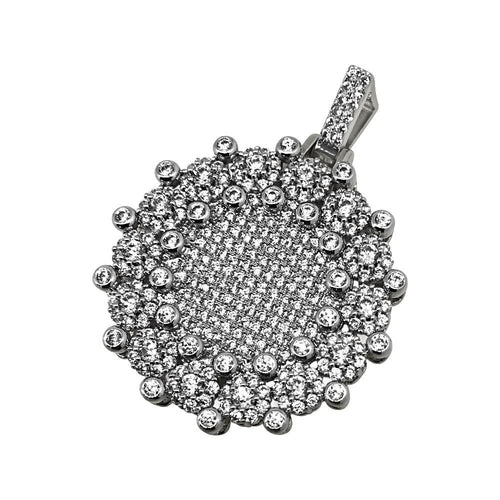 .925 Silver Mega Icey CZ Bling Bling Circle Rhodium Pendant